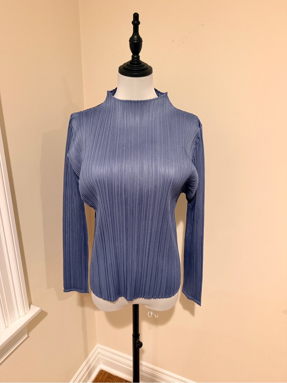 Pleats please Issey Miyake Pleated Long-Sleeve Mock Neck Top - Slate Blue